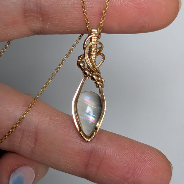 Malawi Moonstone Wire Wrapped Yellow Gold-fill Pendant w/ Chain