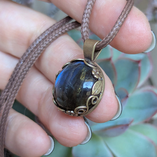 Blue Labradorite Pendant in Antique Brass
