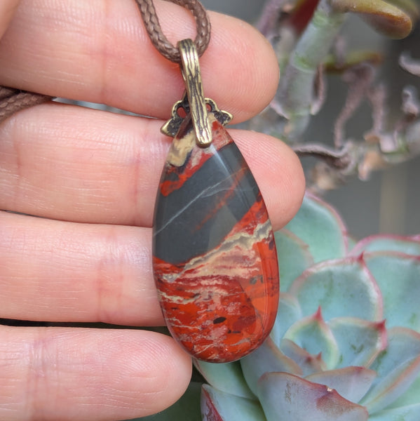 Red Jasper Pendant in Antique Brass