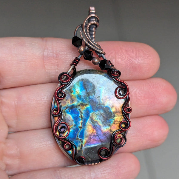 Labradorite Wire Wrapped  Enamelled & Oxidized Copper Pendant