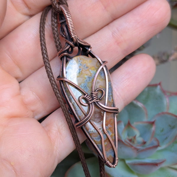 Red Marcasite Druzy Wire Wrapped Pendant in Oxidized Copper
