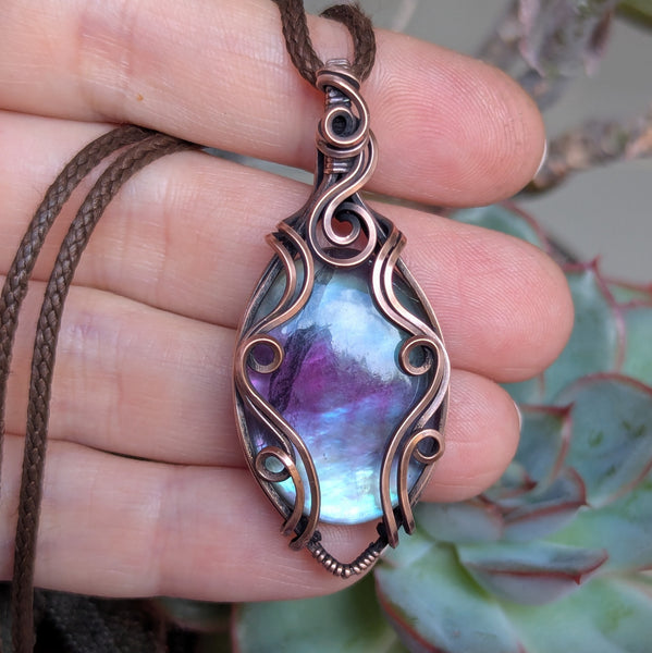 Fluorite Doublet Wire Wrapped Pendant in Oxidized Copper