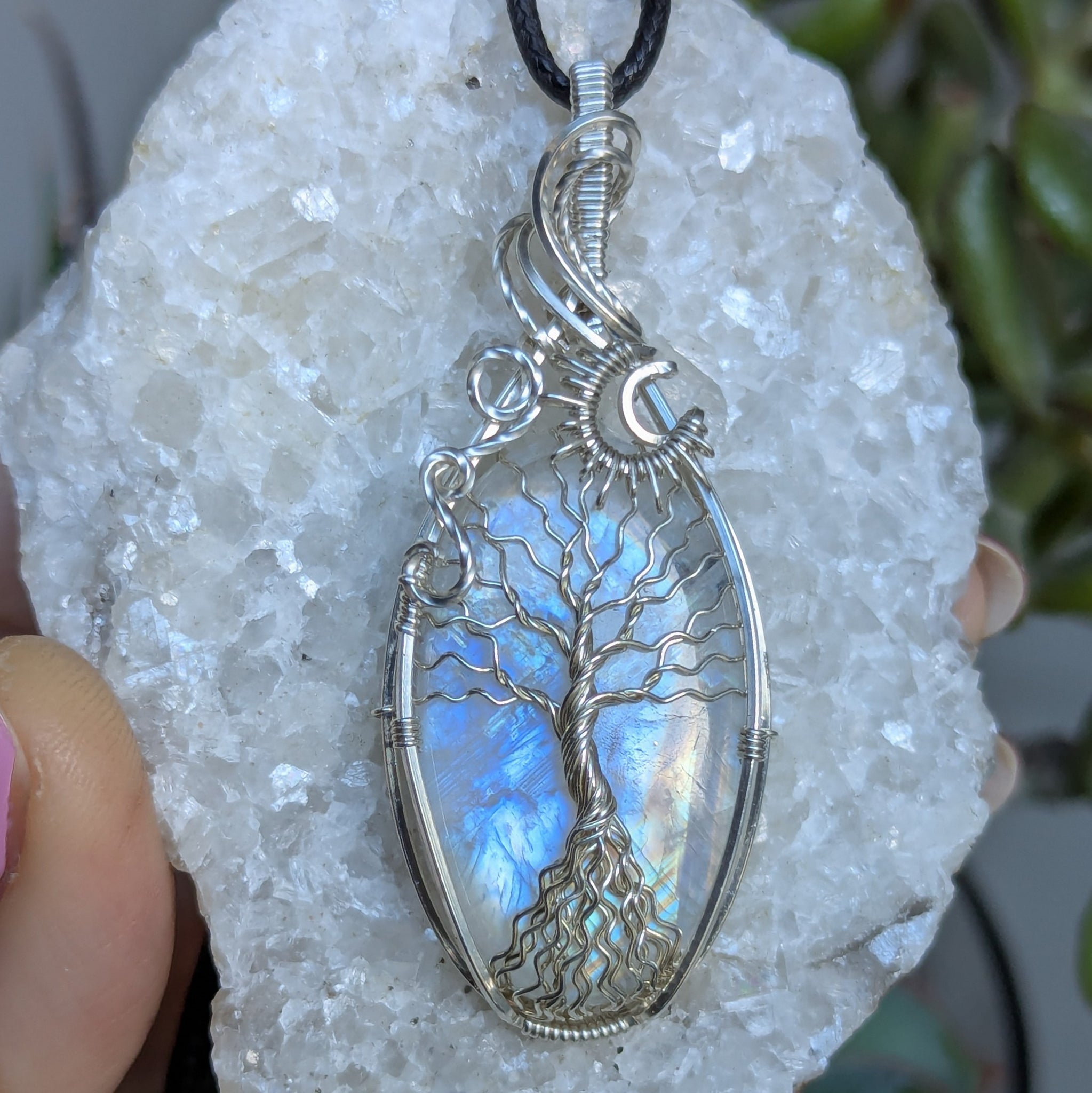 Rainbow Moonstone Tree of Life Wire Wrapped Pendant in Sterling Silver