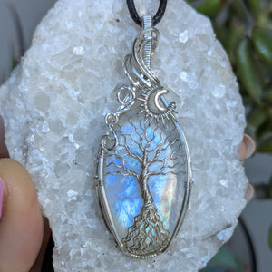 Rainbow Moonstone Tree of Life Wire Wrapped Pendant in Sterling Silver