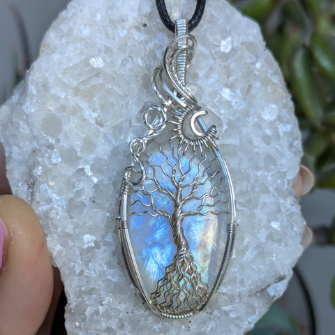 Rainbow Moonstone Tree of Life Wire Wrapped Pendant in Sterling Silver