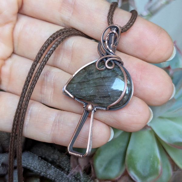 Labradorite Mushroom Wire Wrapped Pendant in Oxidized Copper