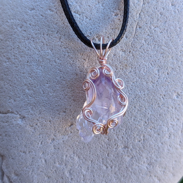 Raw Amethyst Crystal Wire Wrapped Pendant in Pink Enameled Copper