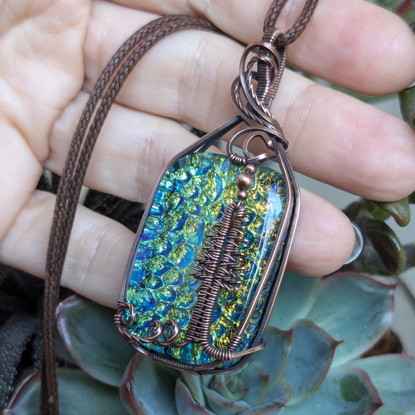 Dichroic Glass Pine Tree Wire Wrapped Pendant in Oxidized Copper