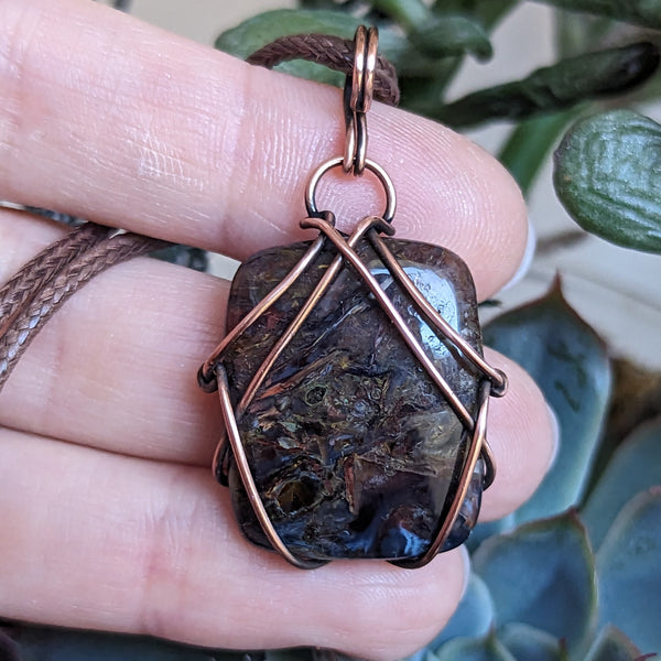 Pietersite Wire Wrapped Oxidized Copper Pendant