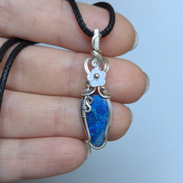 Australian Opal Doublet Wire Wrapped Sterling Silver Pendant