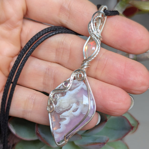 Plume Agate Doublet & Welo Opal Wire Wrapped Pendant in Sterling Silver