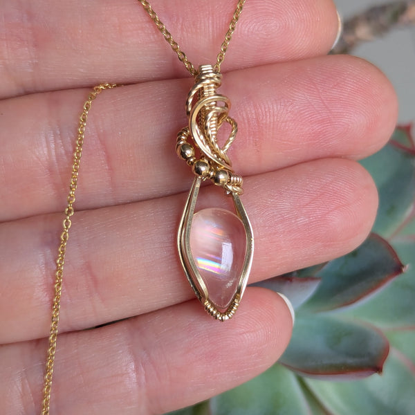 Malawi Moonstone Wire Wrapped Yellow Gold-fill Pendant w/ Chain