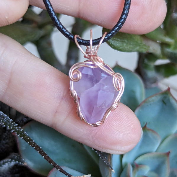 Raw Amethyst Crystal Wire Wrapped Pendant in Pink Enameled Copper