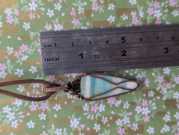 Blue Opalized Wood Wire Wrapped Pendant in Oxidized Copper