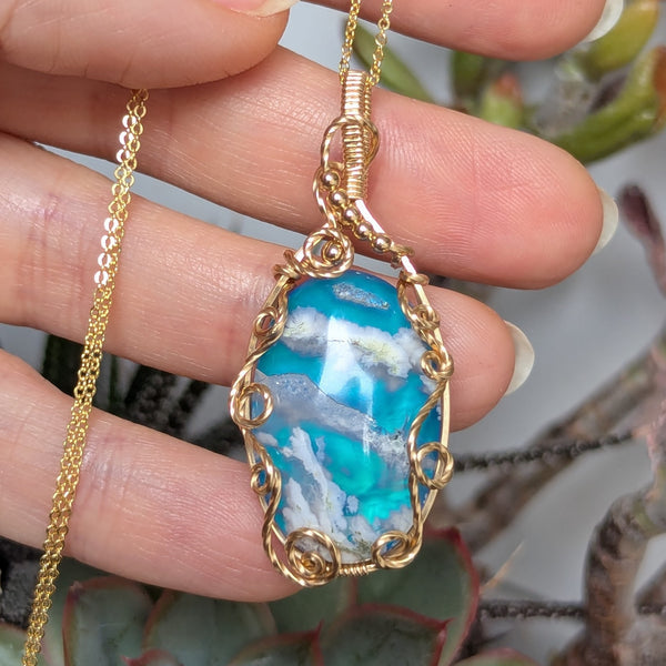 Plume Agate Wire Wrapped Yellow Gold-fill Pendant w/ Chain