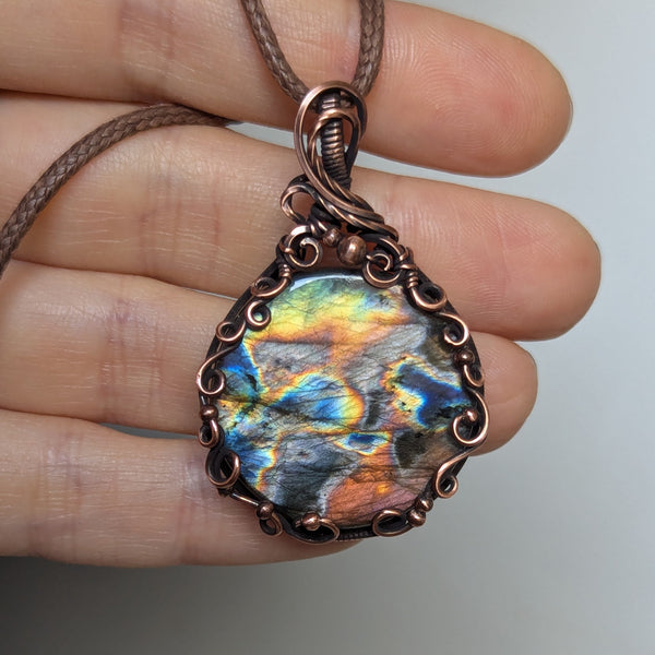 Labradorite Swirly Wire Wrapped Pendant in Oxidized Copper