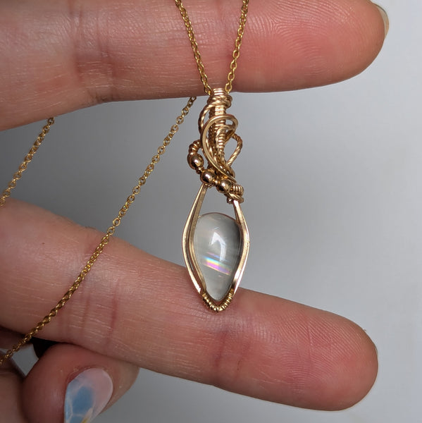 Malawi Moonstone Wire Wrapped Yellow Gold-fill Pendant w/ Chain