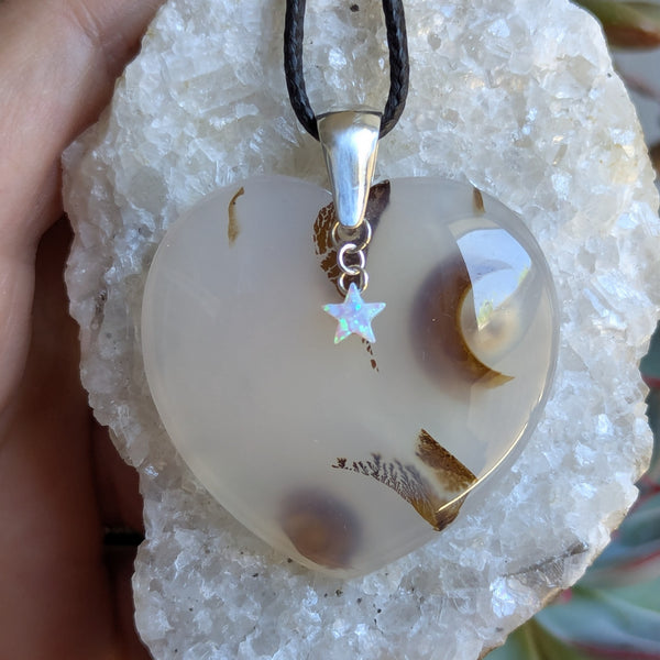 Dendritic Agate Heart Sterling Silver Pendant