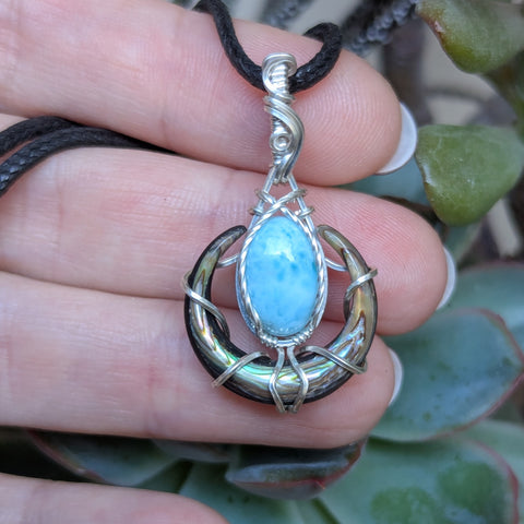 Abalone Crescent Moon & Larimar Wire Wrapped Sterling Silver Pendant