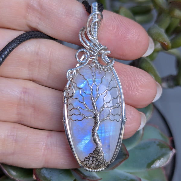 Rainbow Moonstone Tree of Life Wire Wrapped Pendant in Sterling Silver