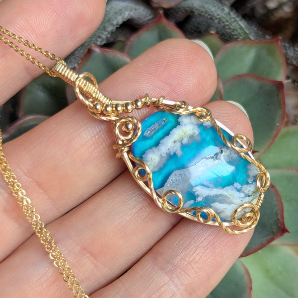 Plume Agate Wire Wrapped Yellow Gold-fill Pendant w/ Chain