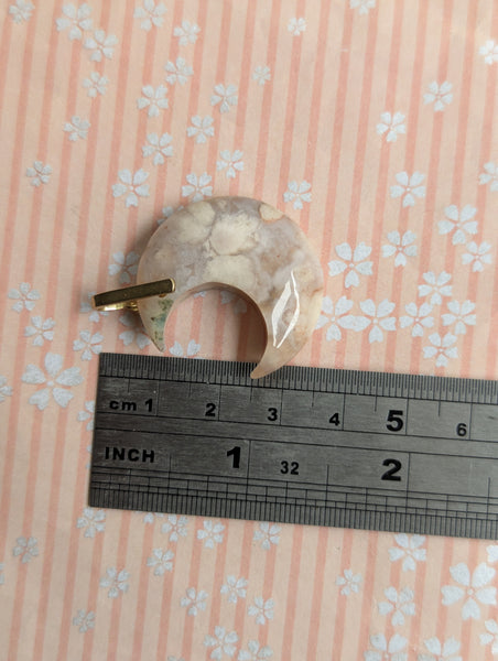 Flower Agate Crescent Moon Pendant in Brass