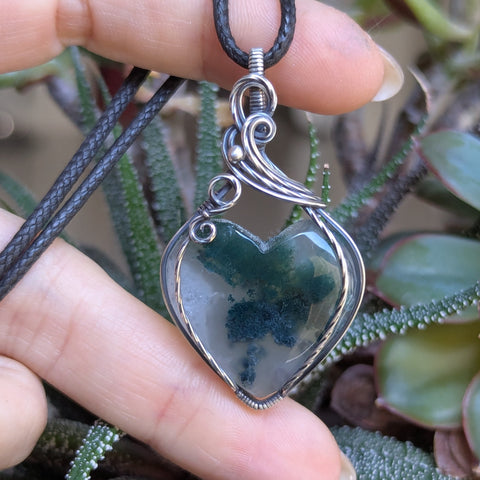 Moss Agate Heart Wire Wrapped Sterling Silver Pendant