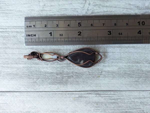 Brown Sunstone & Freshwater Pearl Wire Wrapped Pendant in Oxidized Copper