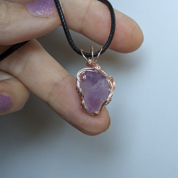 Raw Amethyst Crystal Wire Wrapped Pendant in Pink Enameled Copper