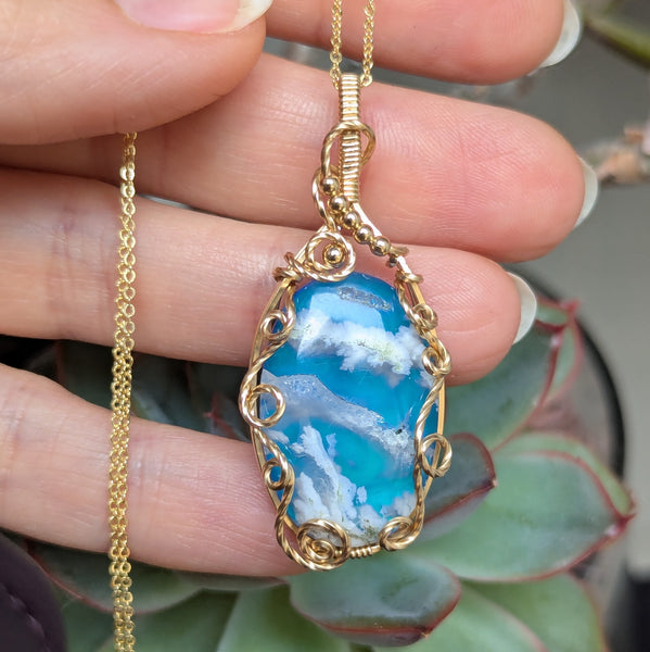 Plume Agate Wire Wrapped Yellow Gold-fill Pendant w/ Chain
