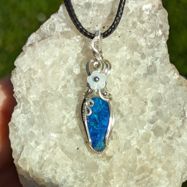 Australian Opal Doublet Wire Wrapped Sterling Silver Pendant