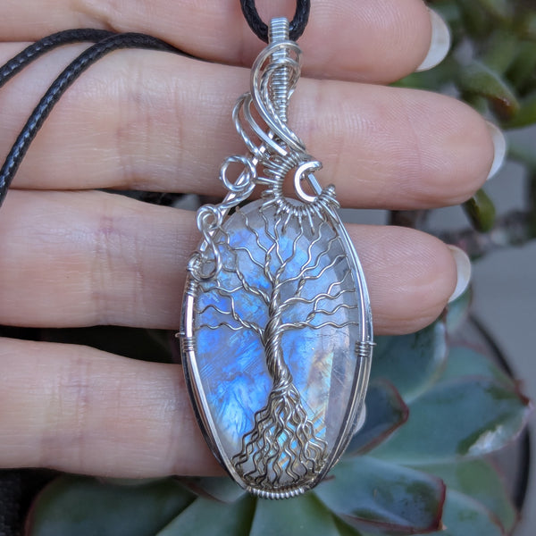Rainbow Moonstone Tree of Life Wire Wrapped Pendant in Sterling Silver