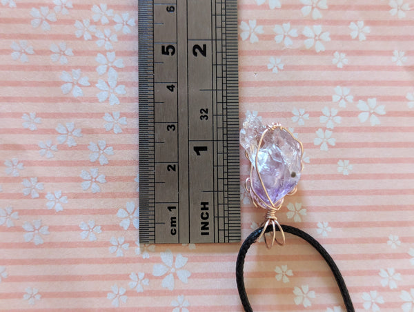 Raw Amethyst Crystal Wire Wrapped Pendant in Pink Enameled Copper