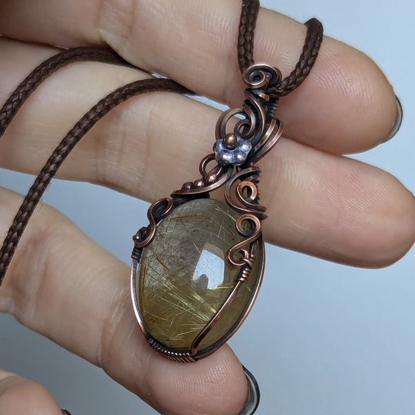 Golden Rutile Quartz Wire Wrapped Pendant in Oxidized Copper