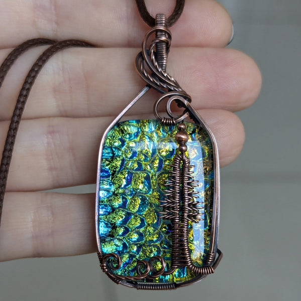 Dichroic Glass Pine Tree Wire Wrapped Pendant in Oxidized Copper