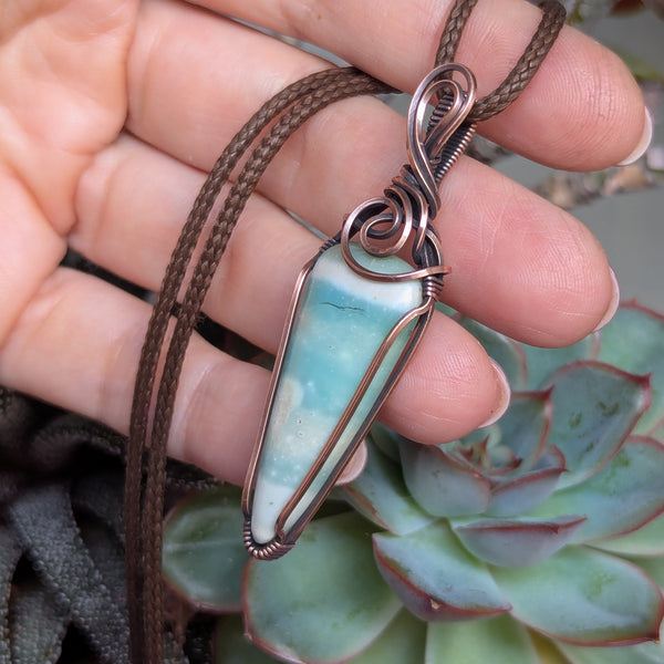 Blue Opalized Wood Wire Wrapped Pendant in Oxidized Copper