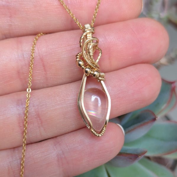 Malawi Moonstone Wire Wrapped Yellow Gold-fill Pendant w/ Chain