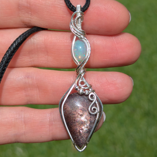 Red Sunstone & Welo Opal Wire Wrapped Pendant in Sterling Silver