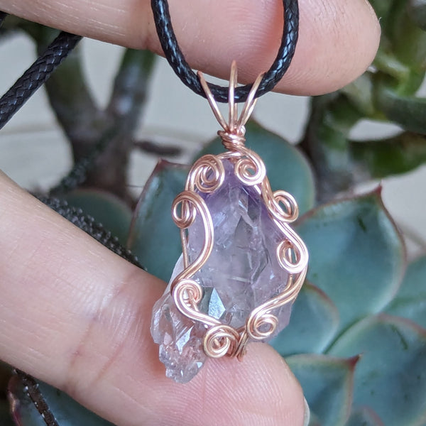 Raw Amethyst Crystal Wire Wrapped Pendant in Pink Enameled Copper