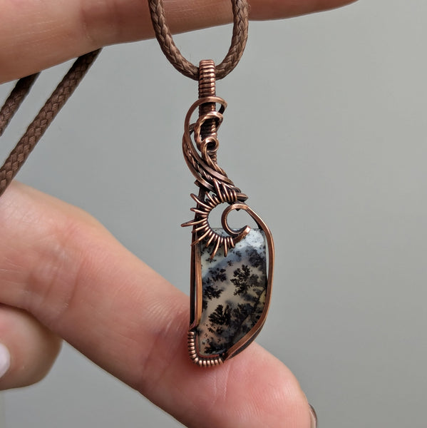 Dendritic Opal (Merlinite) Wire Wrapped Pendant in Oxidized Copper