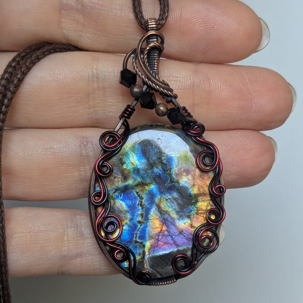 Labradorite Wire Wrapped  Enamelled & Oxidized Copper Pendant