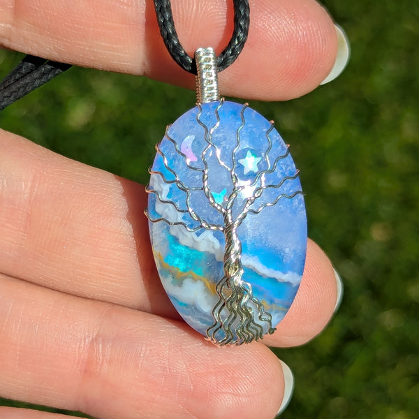 Plume Agate Wire Wrapped Tree of Life Pendant in Sterling Silver