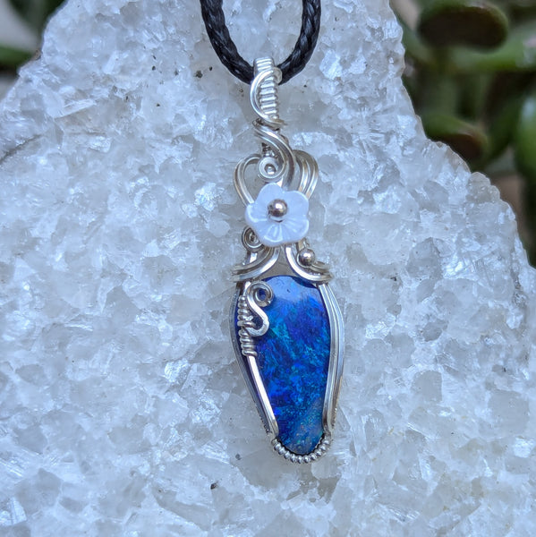 Australian Opal Doublet Wire Wrapped Sterling Silver Pendant