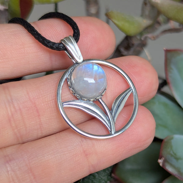 Rainbow Moonstone Flower Pendant in Sterling Silver