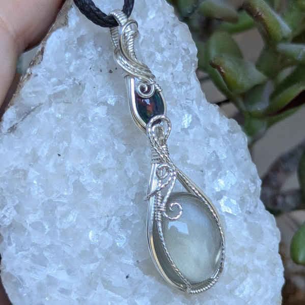 Grey Moonstone & Welo Opal Wire Wrapped Sterling Silver Pendant