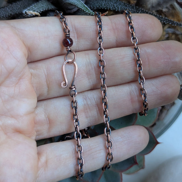Solid Oxidized Copper Oval Cable 20" Chain with Garnet Bead