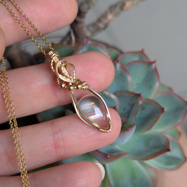 Malawi Moonstone Wire Wrapped Yellow Gold-fill Pendant w/ Chain