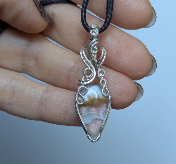 Plume Agate Doublet Wire Wrapped Pendant in Sterling Silver