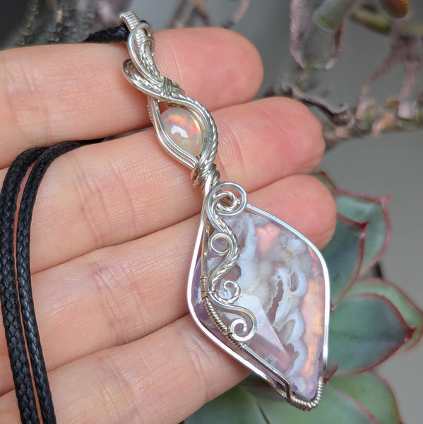 Plume Agate Doublet & Welo Opal Wire Wrapped Pendant in Sterling Silver