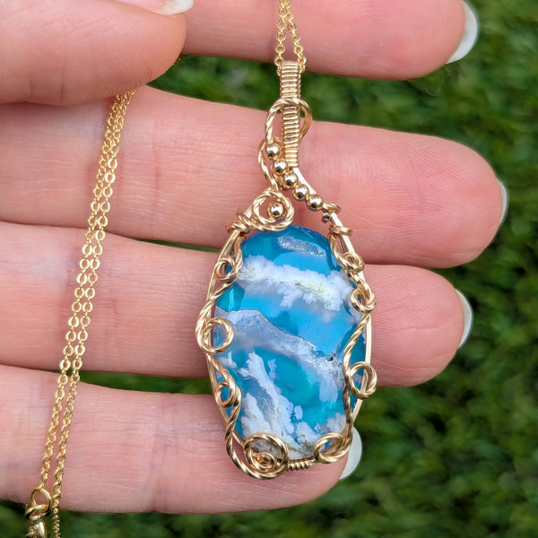 Plume Agate Wire Wrapped Yellow Gold-fill Pendant w/ Chain